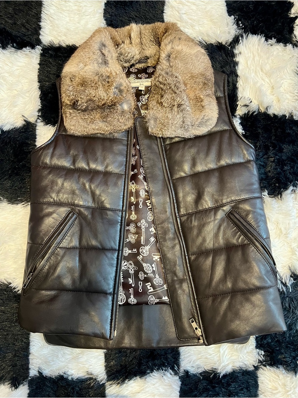 RARE!! REAL LEATHER Vest w/ REAL RABBIT FUR Collar, Women's XS